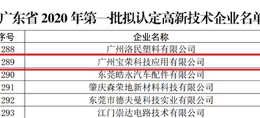 喜報！博宏子公司寶榮科技入選廣東省2020年第一批擬認定高新技術企業(yè)名單